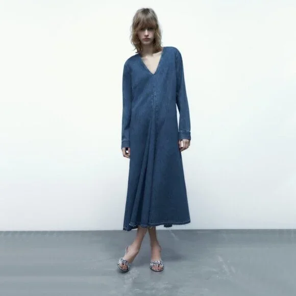 Zara Dresses Nwt Zara Blue Medium Wash Denim Long Dress S